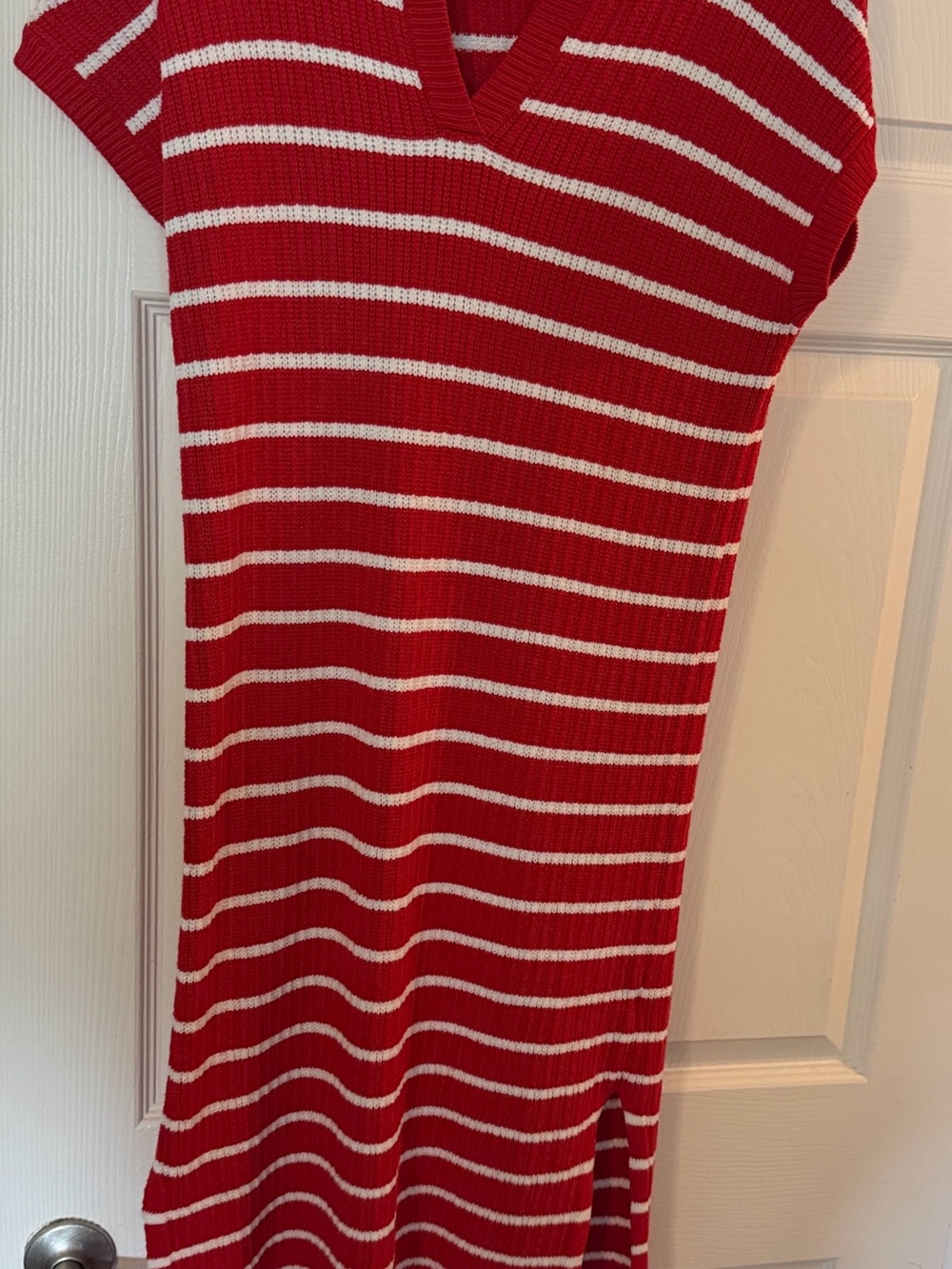 Red and White Striped Knit Midi Dress with V-Neck
